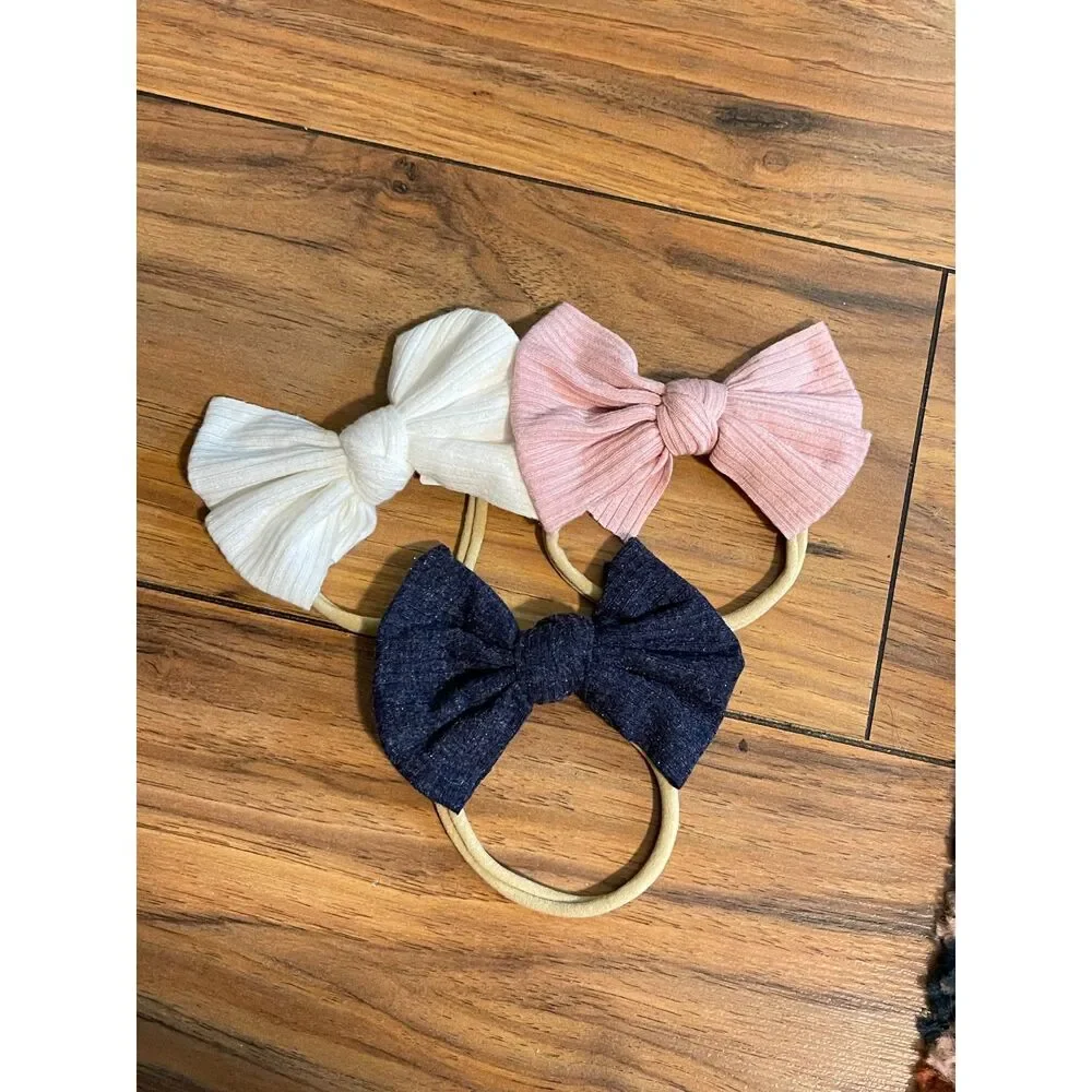 Boutique Hair Bow Nylon Headband Bundle of 3 | Baby Girl Blue Pink White OSFM